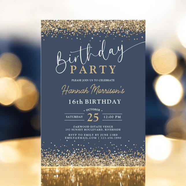 16th Navy Blue Gold Glitter Any Age Birthday  Invitation (Creator Uploaded)