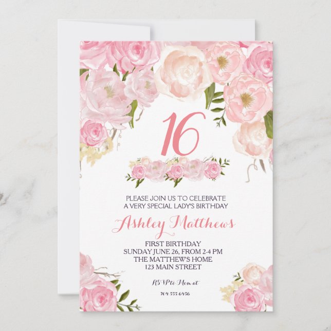 16TH SWEET SIXTEEN birthday pink Floral Invitation (Front)