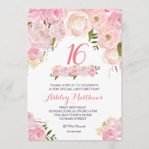 16TH SWEET SIXTEEN birthday pink Floral Invitation