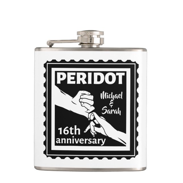 16th wedding anniversary black and white hands hip flask (Front)