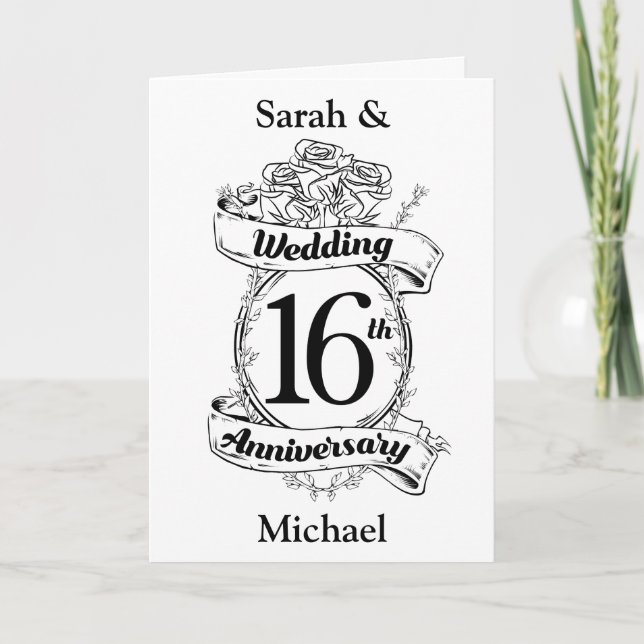 16th Wedding Anniversary Black and White Roses Card (Front)