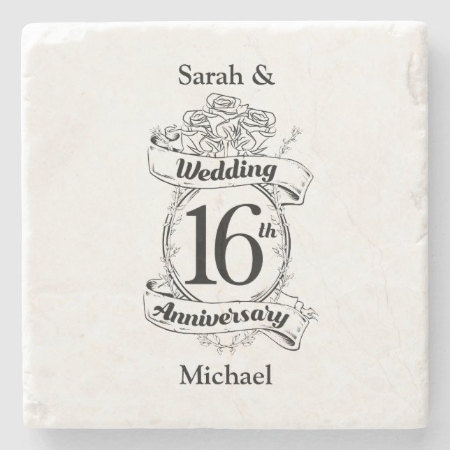 16th Wedding Anniversary Black and White Roses Stone Coaster (Front)