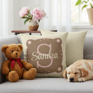 16x16 Cream & Brown Monogram and Name Throw Pillow