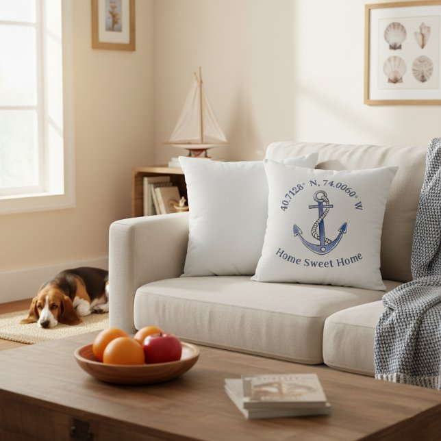 16x16 Home Sweet Home Location & Anchor Pillow (Home sweet home custom location throw pillow with anchor.)