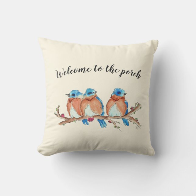 16x16 Watercolor Bluebirds, "Welcome to the porch" Cushion (Front)
