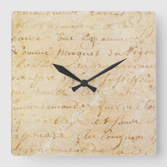 1700s Vintage French Antique Script Background Square Wall Clock (Front)