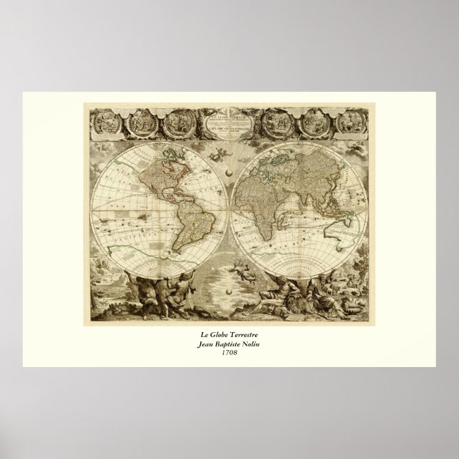1708 World Map by Jean Baptiste Nolin Poster (Front)