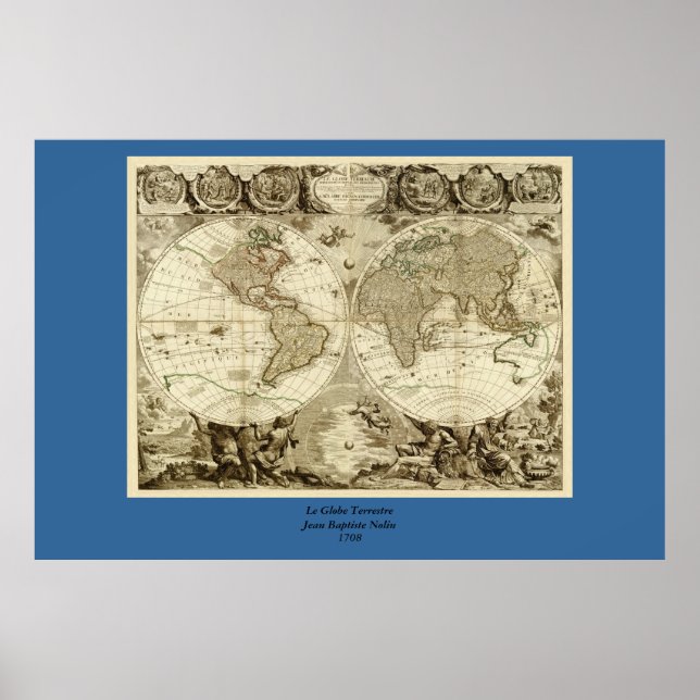 1708 World Map by Jean Baptiste Nolin Poster (Front)