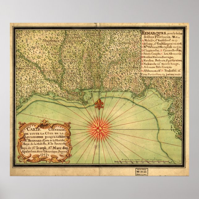 1747 Map of the Louisiana Territory & Gulf Coast Poster (Front)