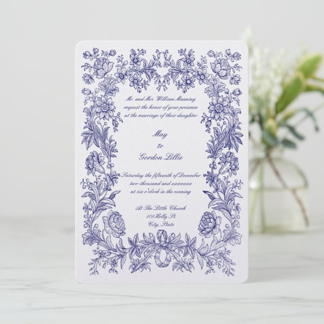 1770 Botanical Floral Border Print Wedding Invitation (Standing Front)