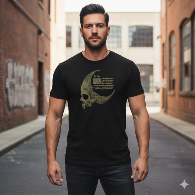 1776 American Flag Skull Crescent Moon T-Shirt (Creator Uploaded)