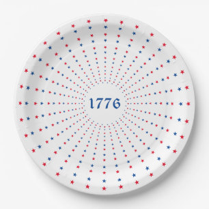 1776 red white blue stars fireworks patriotic paper plate