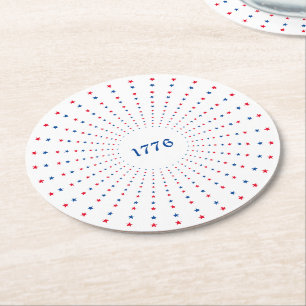 1776 red white blue stars fireworks patriotic round paper coaster