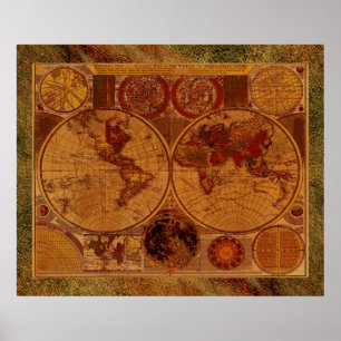 1780 Old World Map Art with Leather-effect border Poster