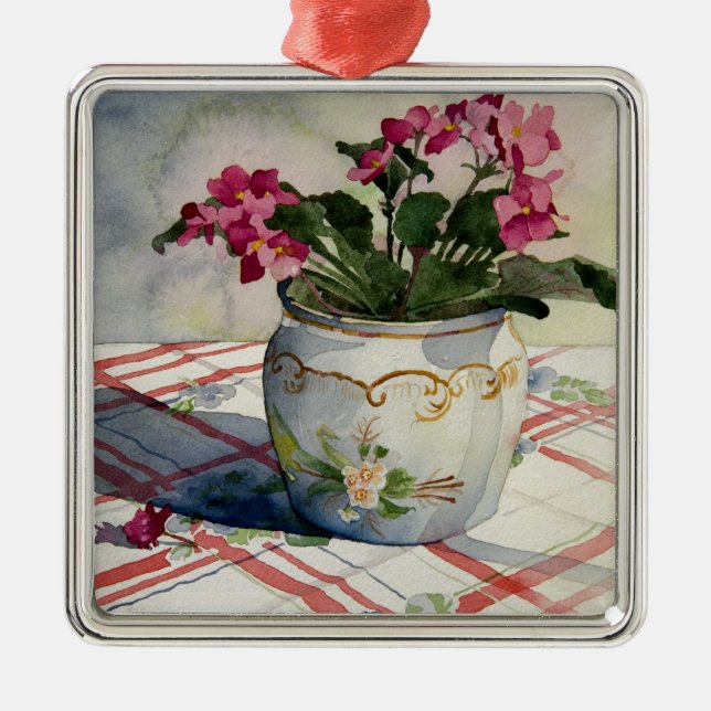 1790 African Violets in Blue Pot Metal Ornament (Front)