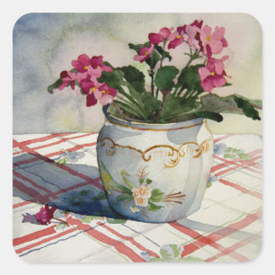 1790 African Violets in Blue Pot Square Sticker