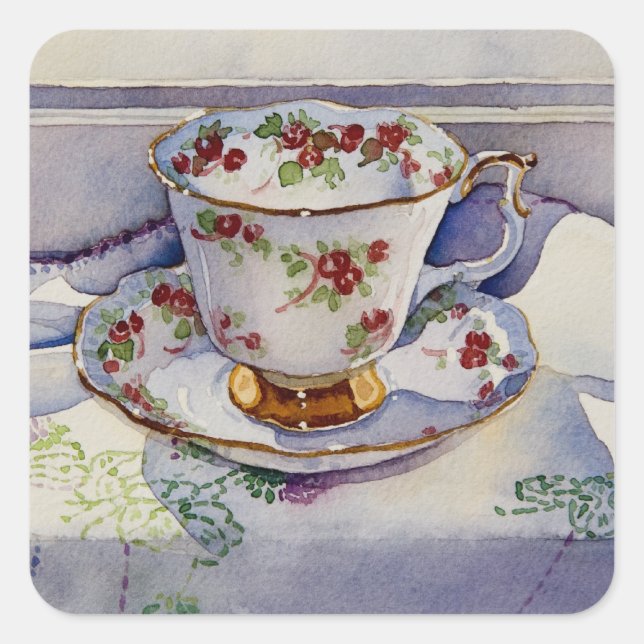 1799 Teacup on Linen Square Sticker (Front)