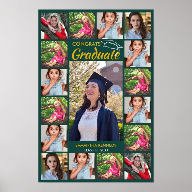 17 Photo Collage Congrats Grad 2026 Green And Gold Poster (Front)