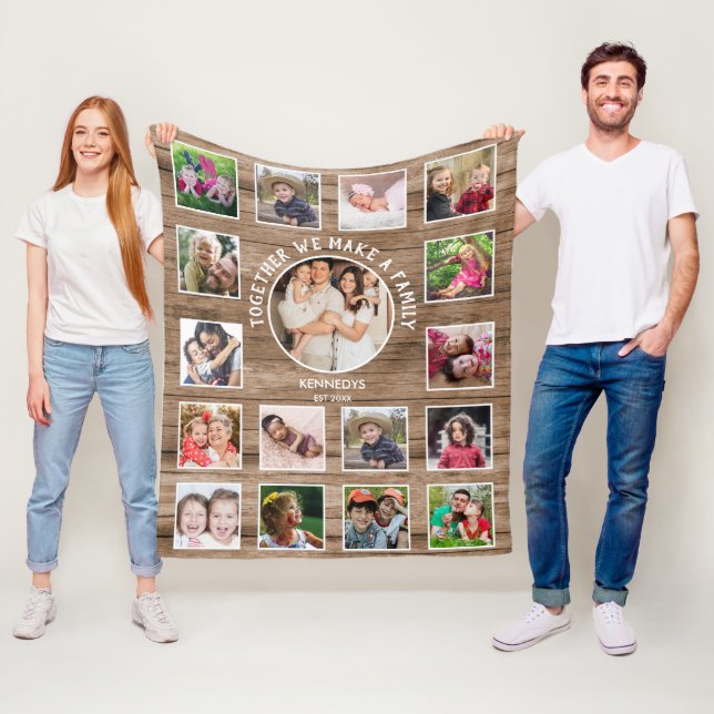 17 Photo Collage Family Name Quote Rustic Wood Fleece Blanket (In Situ)