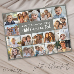 17 Photo Collage - Grey with Text Block in Centre Fleece Blanket