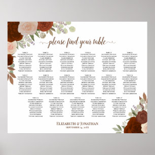 17 Table Autumn Boho Roses Wedding Seating Chart