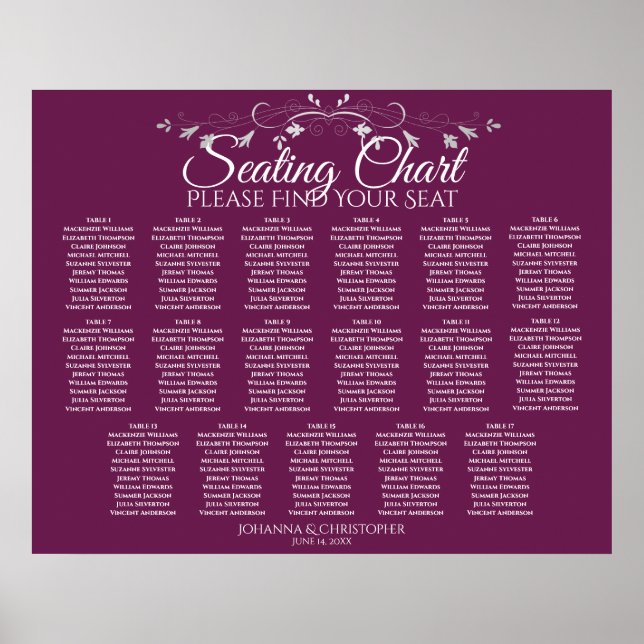 17 Table Elegant Cassis Wedding Seating Chart (Front)