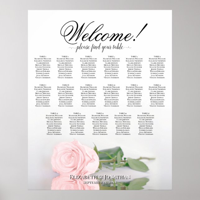 17 Table Elegant Pink Rose Wedding Seating Chart (Front)