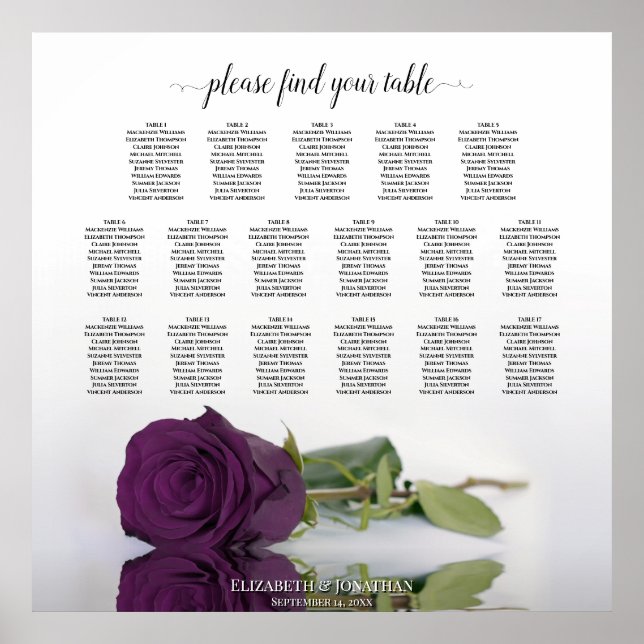 17 Table Elegant Plum Purple Rose Seating Chart (Front)