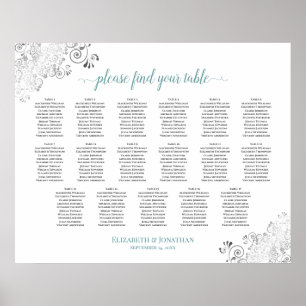 17 Table Frilly White Wedding Seating Chart Teal