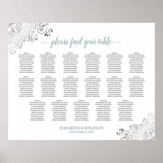 17 Table Frilly White Wedding Seating Chart Teal (Front)