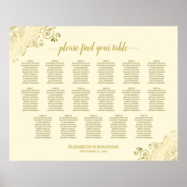 17 Table Gold Frills Cream Wedding Seating Chart (Front)