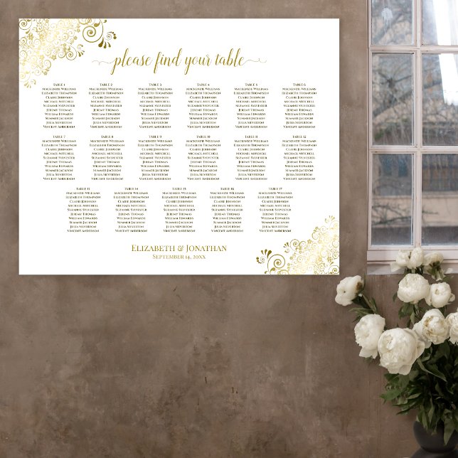 17 Table Gold Frills White Wedding Seating Chart (In Situ on Wall)
