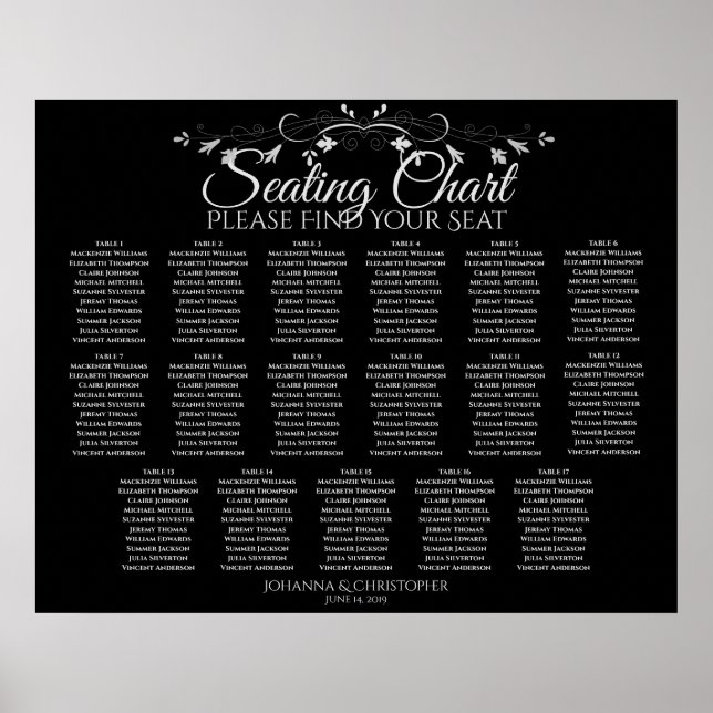17 Table Lacy Border Black Wedding Seating Chart (Front)