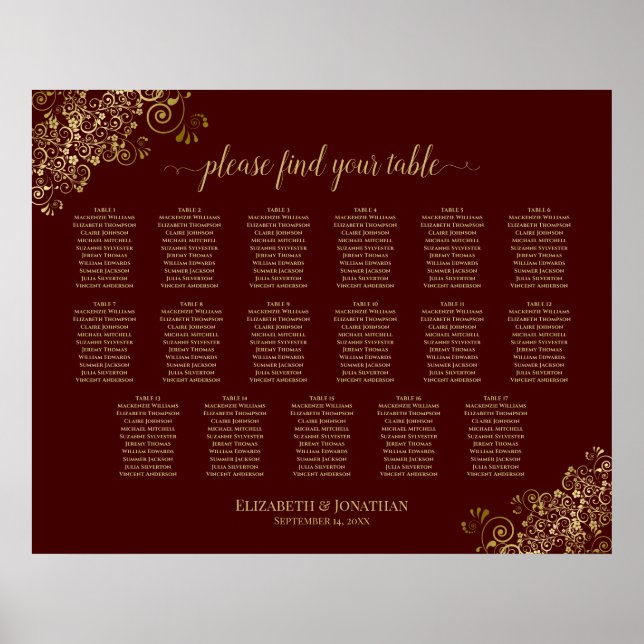 17 Table Lacy Gold Auburn Wedding Seating Chart (Front)