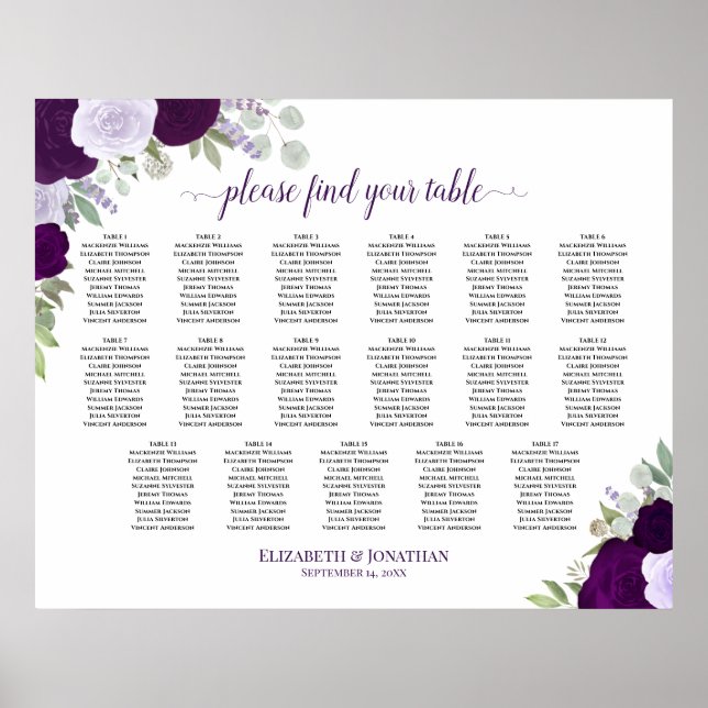 17 Table Purple Boho Floral Wedding Seating Chart (Front)
