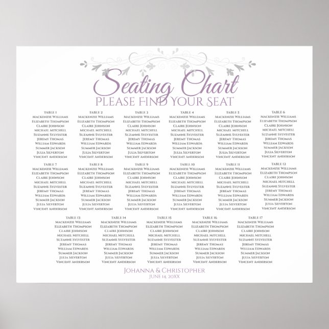 17 Table Purple & Grey Wedding Seating Chart (Front)