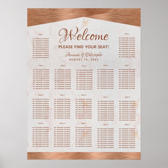 17 Table Seating Chart Marble Copper Wedding (Front)