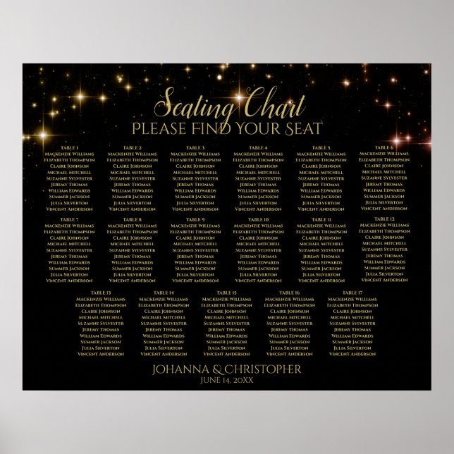 17 Table Shimmering Sparkles Wedding Seating Chart (Front)