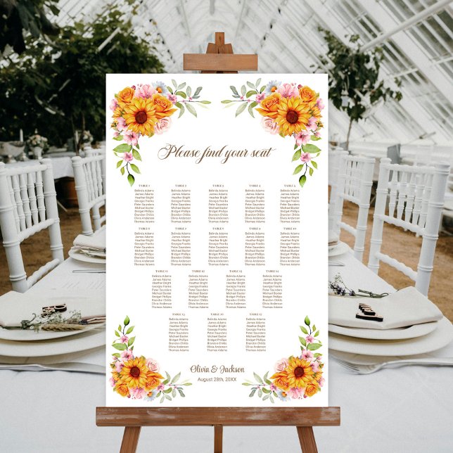 17 Table Sunflower Rose Wedding Seating Chart (Creator Uploaded)