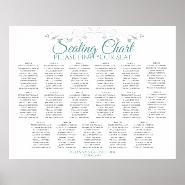 17 Table Teal on White Wedding Seating Chart (Front)