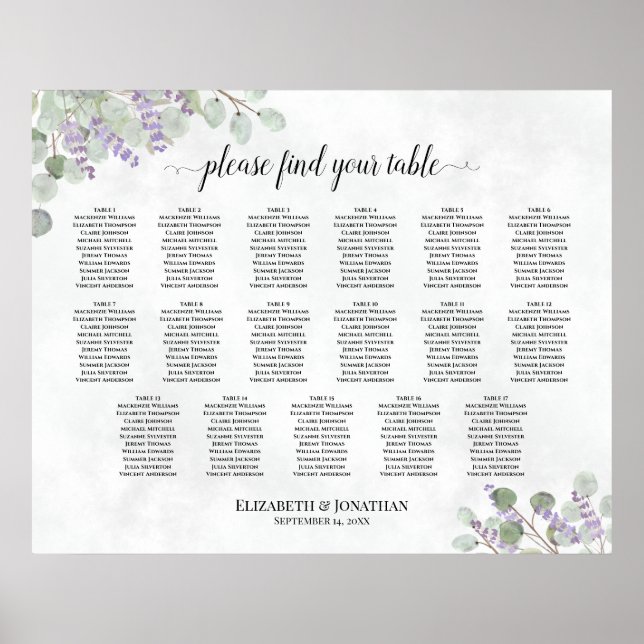 17 Table Wedding Seating Chart Lavender Eucalyptus (Front)