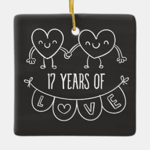17th Anniversary Gift Chalk Hearts Ceramic Tree Decoration