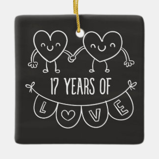 17th Anniversary Gift Chalk Hearts Ceramic Tree Decoration