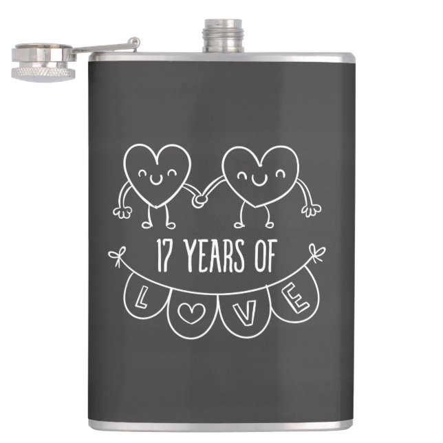 17th Anniversary Gift Chalk Hearts Hip Flask (Opened)