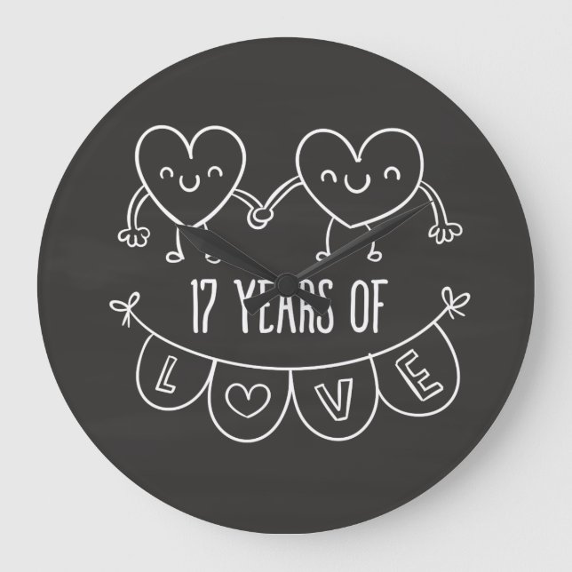 17th Anniversary Gift Chalk Hearts Large Clock (Front)