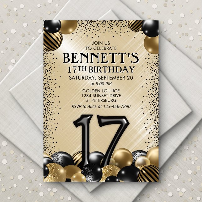 17th Balloons Black Gold Birthday Invitation (Creator Uploaded)