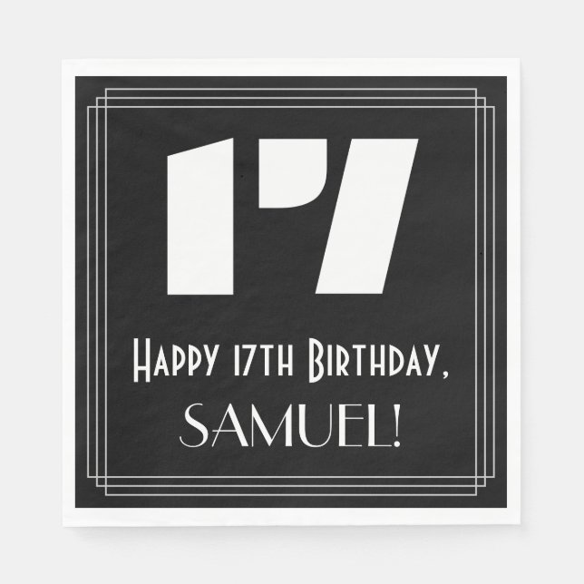 17th Birthday: Art Deco Inspired Look "17" + Name Napkin (Front)