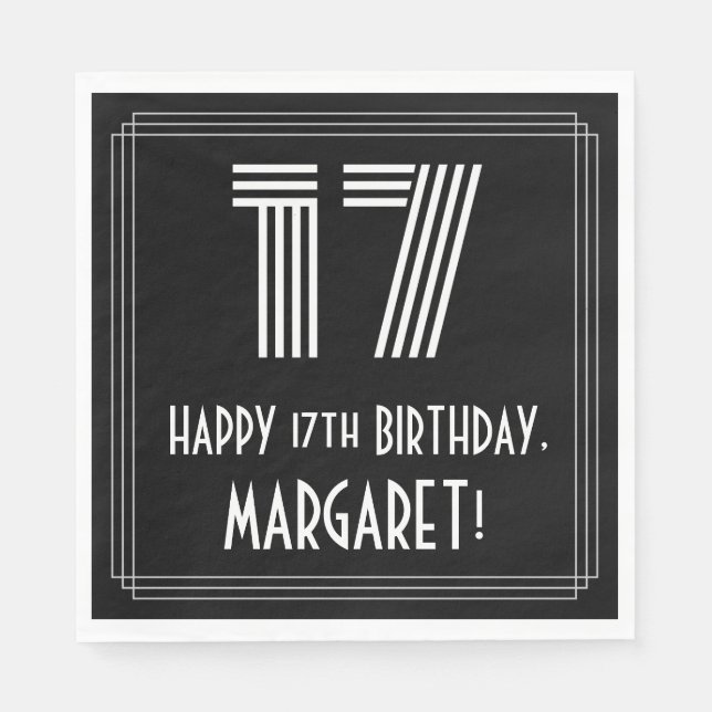 17th Birthday: Art Deco Inspired Look "17" + Name Napkin (Front)