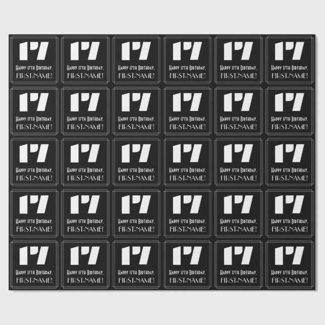 17th Birthday: Art Deco Inspired Look "17" & Name Wrapping Paper (Flat)