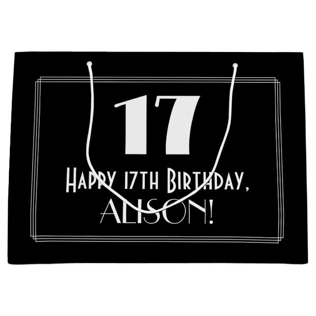 17th Birthday: Art Deco Inspired Style "17", Name Large Gift Bag (Front)